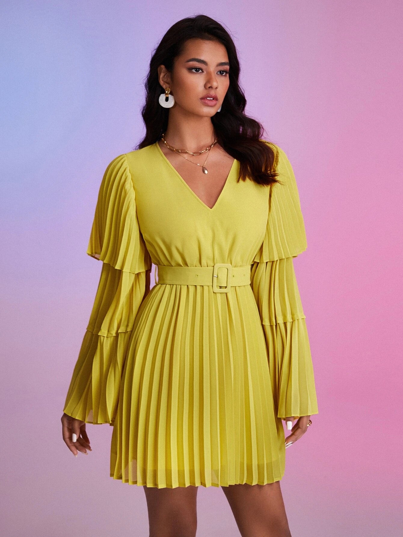 CM-DS433465 Women Elegant Seoul Style Pleated Trumpet Sleeve Belted Dress - Mustard Yellow