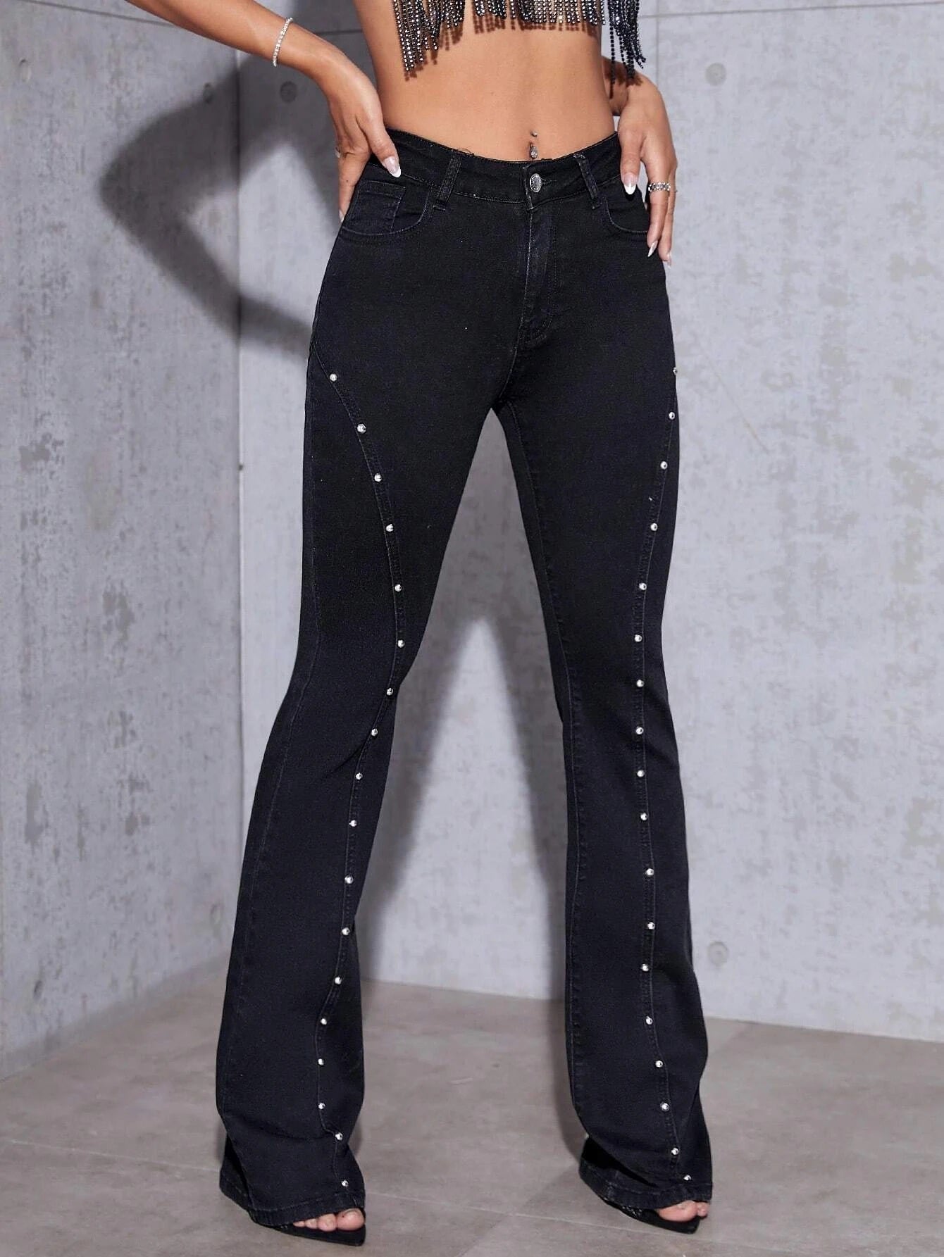 CM-BS754545 Women Preppy Seoul Style Pearls Beaded Flare Leg Jeans - Black