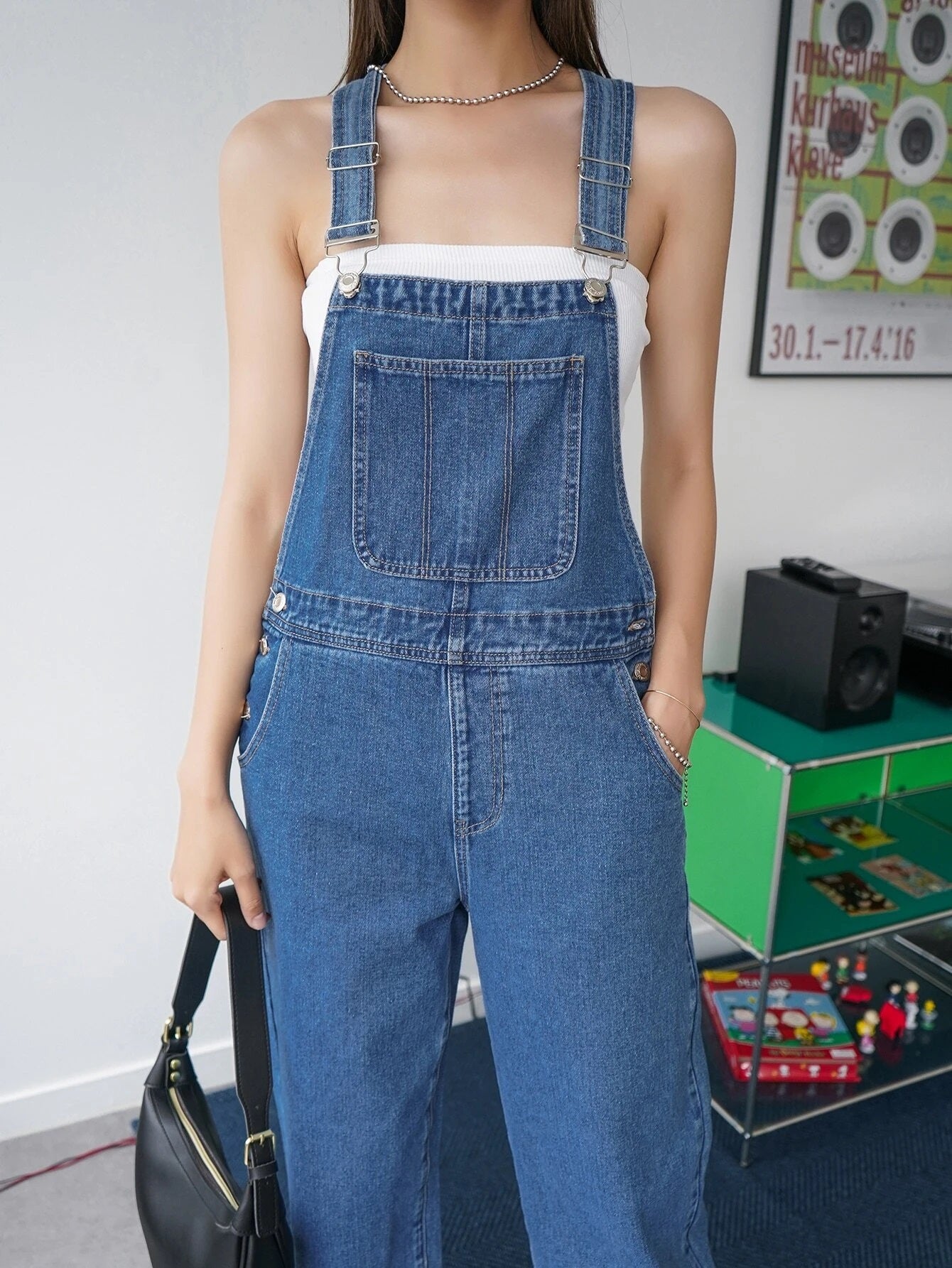 CM-JS609672 Women Preppy Seoul Style Medium Wash Pocket Patched Wide Leg Denim Overalls