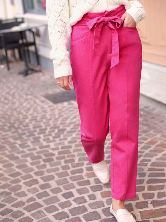 CM-BS580768 Women Casual Seoul Style Paperbag Waist Belted Pants - Hot Pink