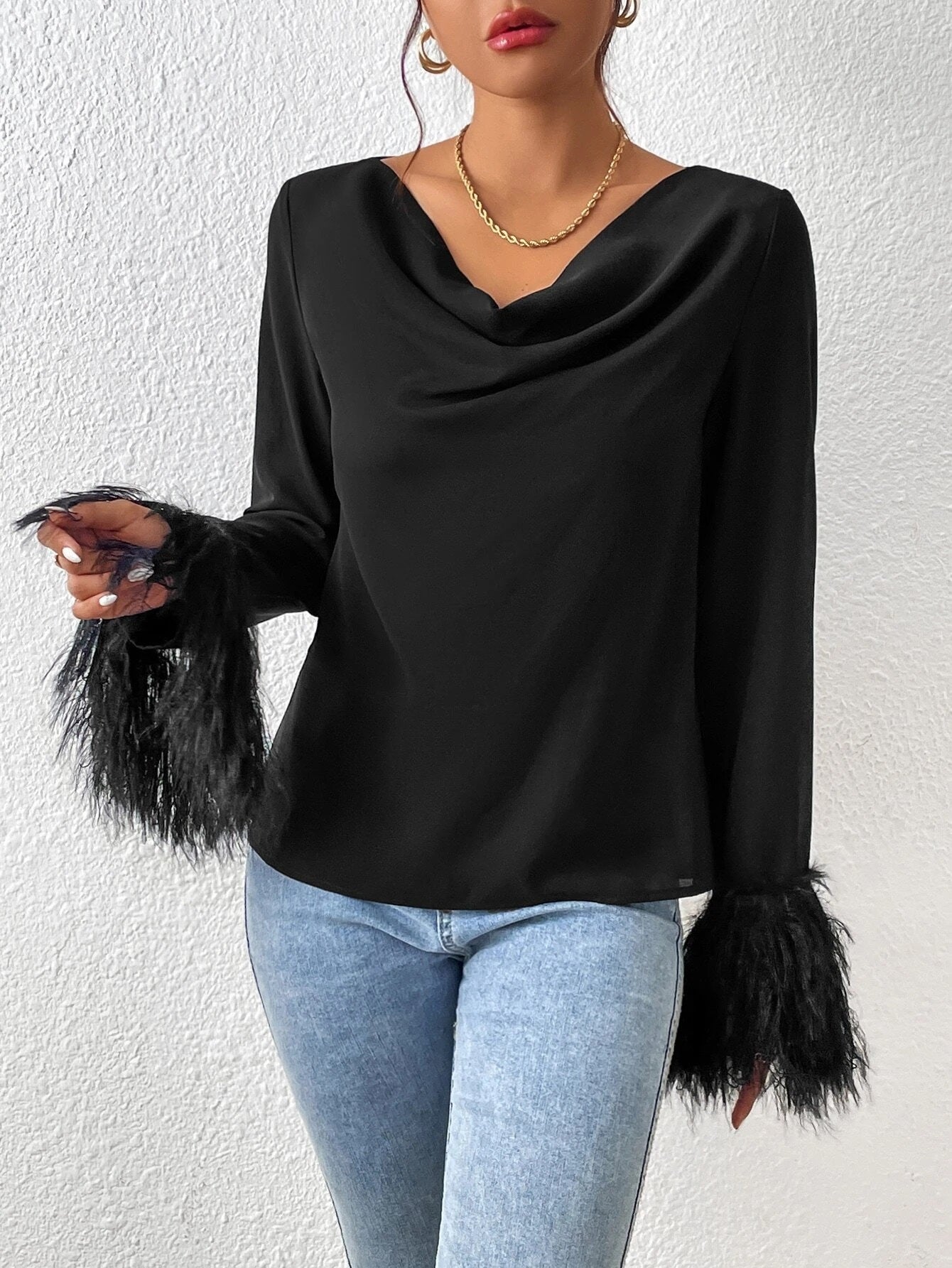 CM-TS420671 Women Elegant Seoul Style Draped Collar Fuzzy Cuff Blouse - Black