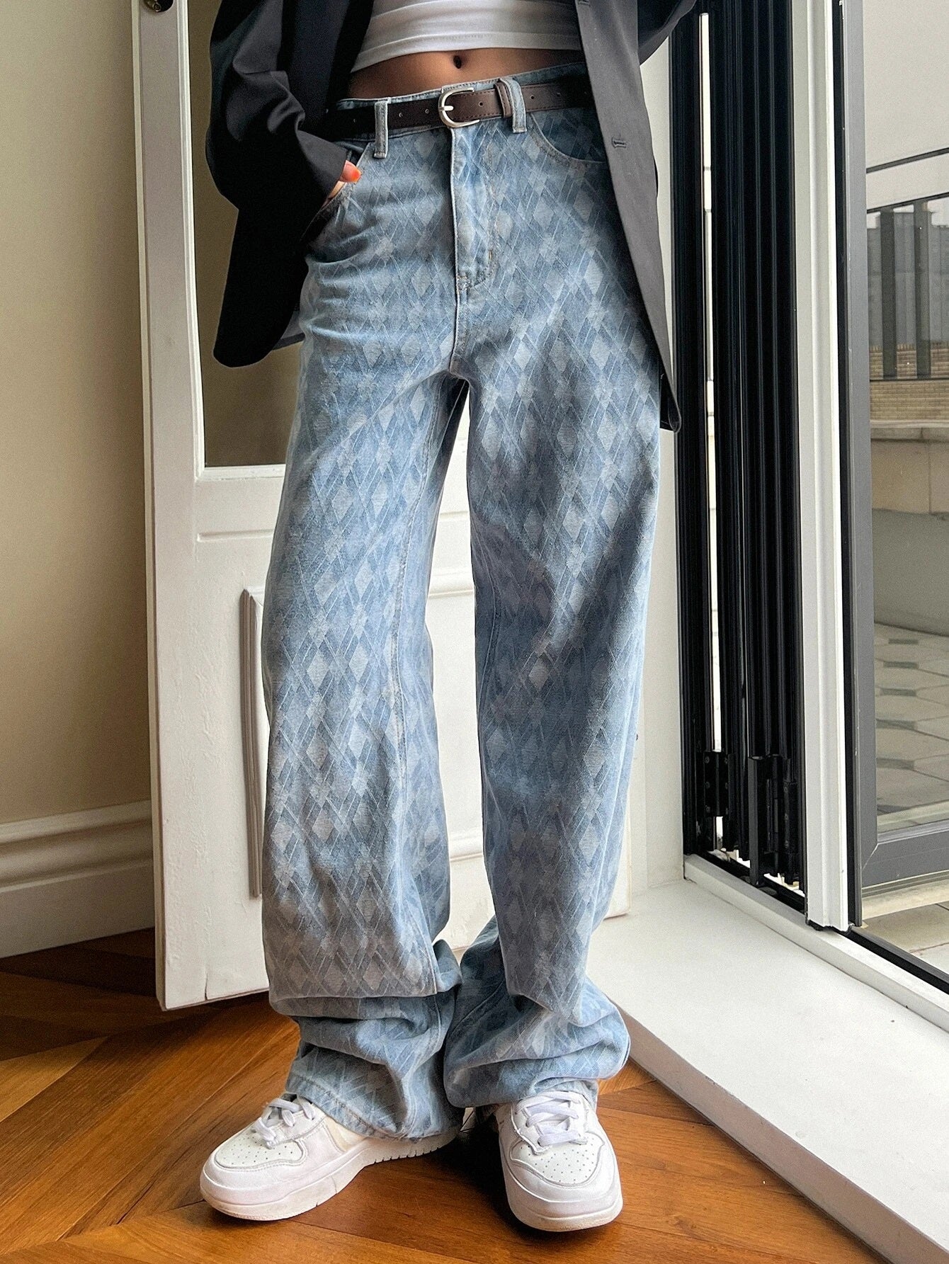 CM-BS232339 Women Preppy Seoul Style Light Wash Argyle Pattern Wide Leg Jeans