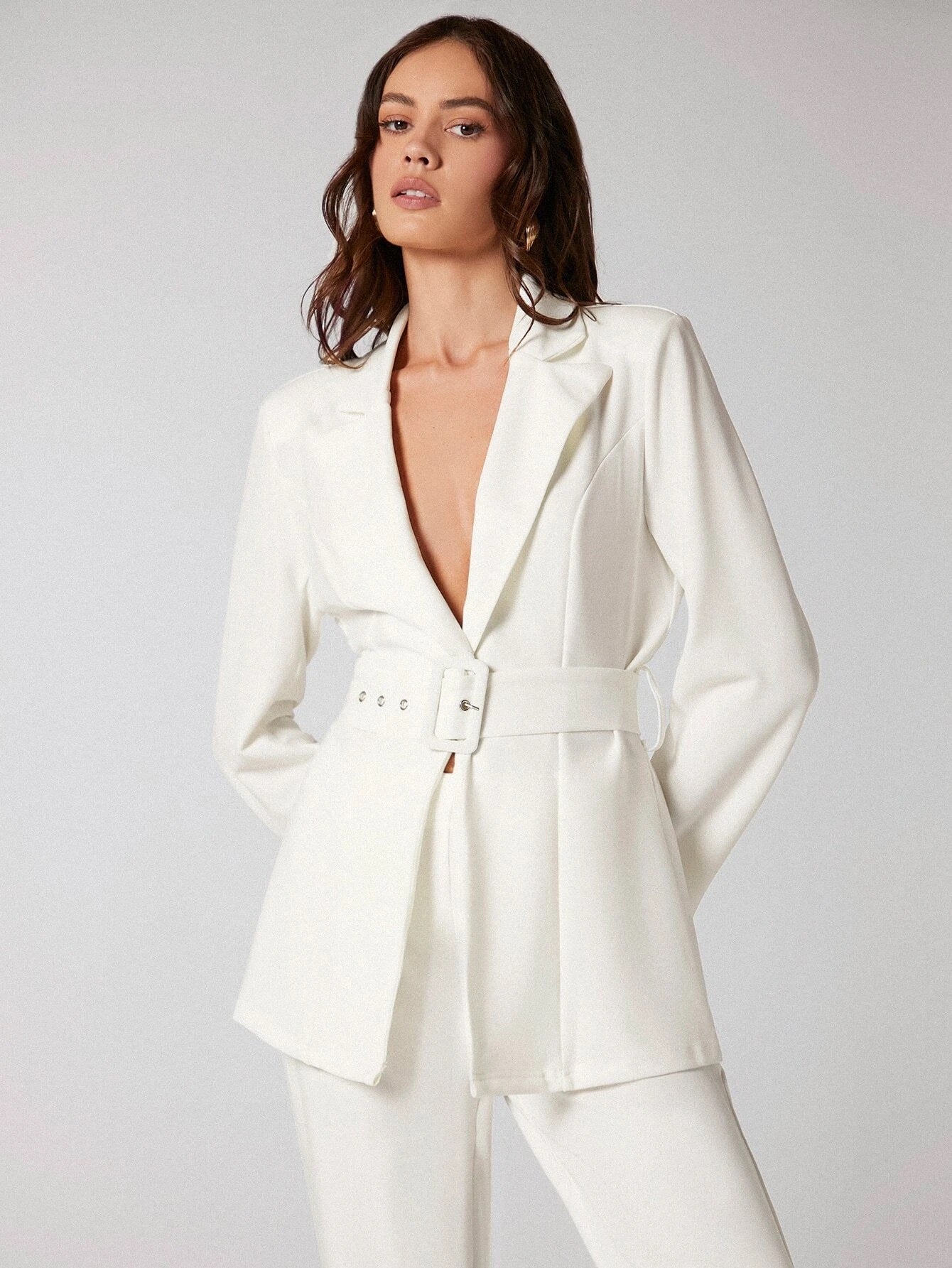 CM-SS639608 Women Elegant Seoul Style Grommet Buckle Belted Blazer With Pants Suit - Set