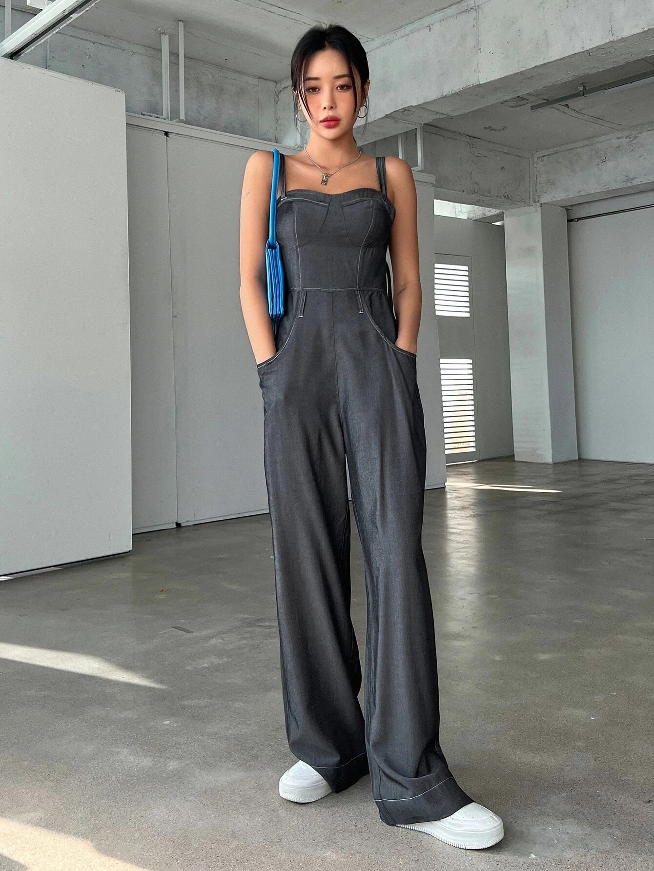 CM-JS020685 Women Casual Seoul Style Solid Slant Pocket Zip Back Cami Jumpsuit - Dark Gray