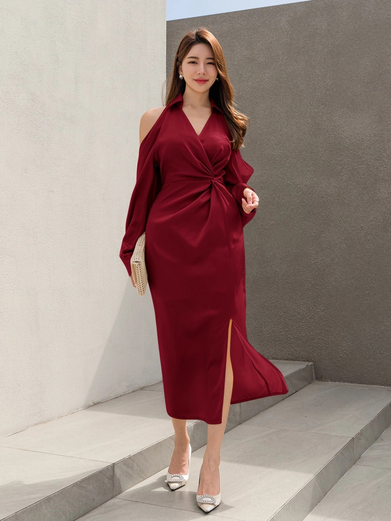 CM-DS115003 Women Elegant Seoul Style Cold Shoulder Twist Front Split Thigh Dress - Burgundy