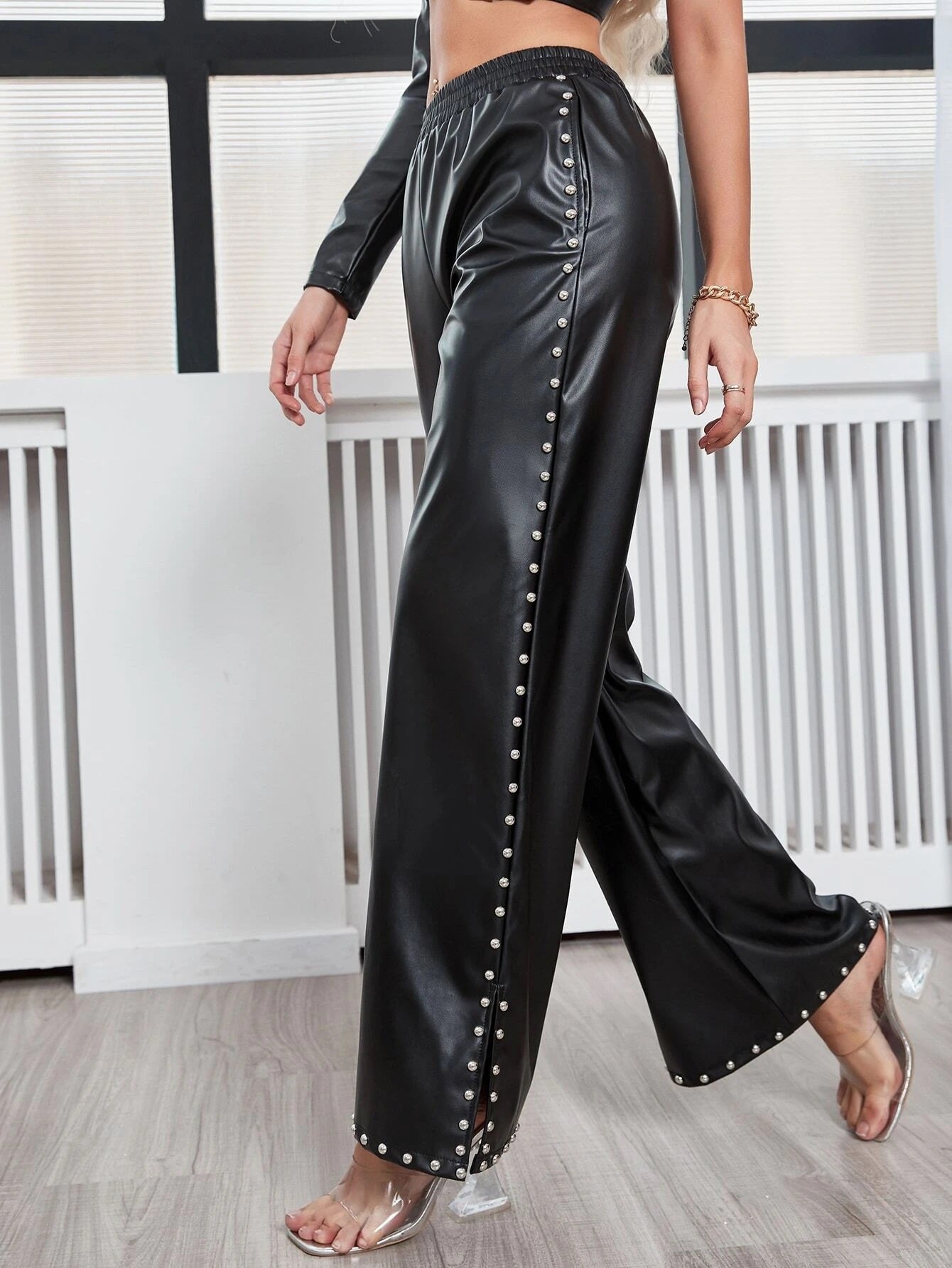 CM-BS815053 Women Elegant Seoul Style High Waist Studded Split Side Wide Leg PU Leather Pants