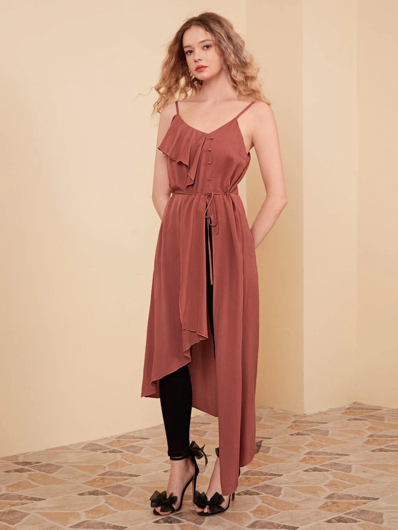 CM-TS706204 Women Casual Seoul Style Ruffle Trim Asymmetrical Hem Cami Top