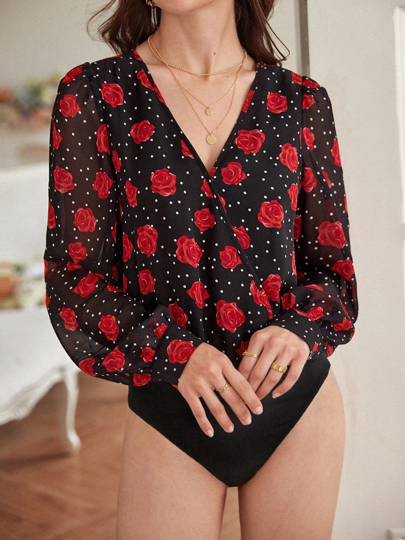 CM-TS064614 Women Casual Seoul Style V-Neck Polka Dot And Floral Print Bodysuit
