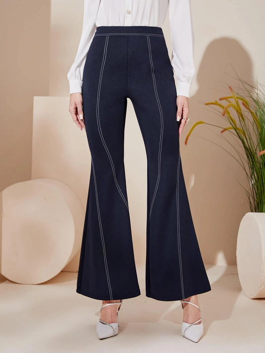 CM-BS148038 Women Elegant Seoul Style High Waist Top-Stitching Flare Leg Pants - Navy Blue