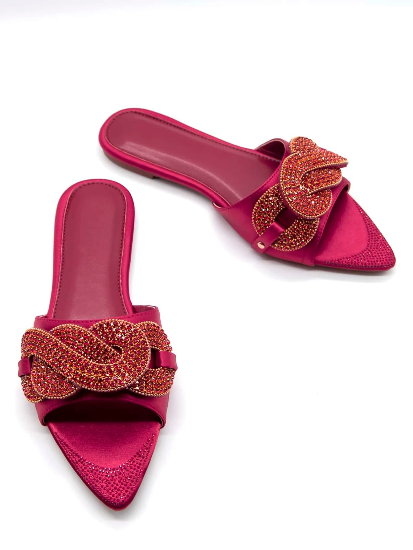 CM-SHS649414 Women Trendy Seoul Style Satin Rhinestone Decor Slide Sandals - Red