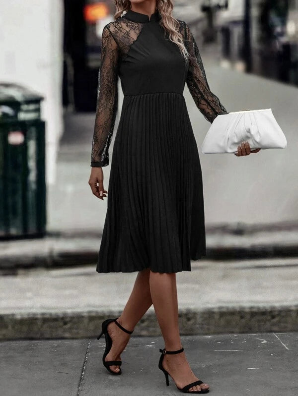 CM-DS696654 Women Elegant Seoul Style Contrast Lace Pleated Hem Dress - Black