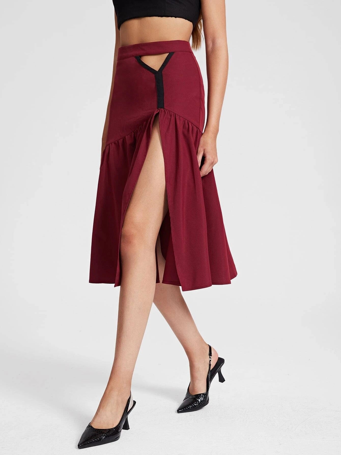 CM-BS449144 Women Casual Seoul Style Cut Out Ruffle Hem Split Thigh Skirt - Burgundy