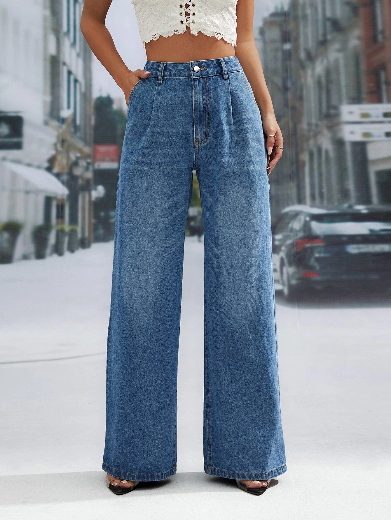 CM-BS649123 Women Casual Seoul Style Medium Wash High Waist Wide Leg Jeans