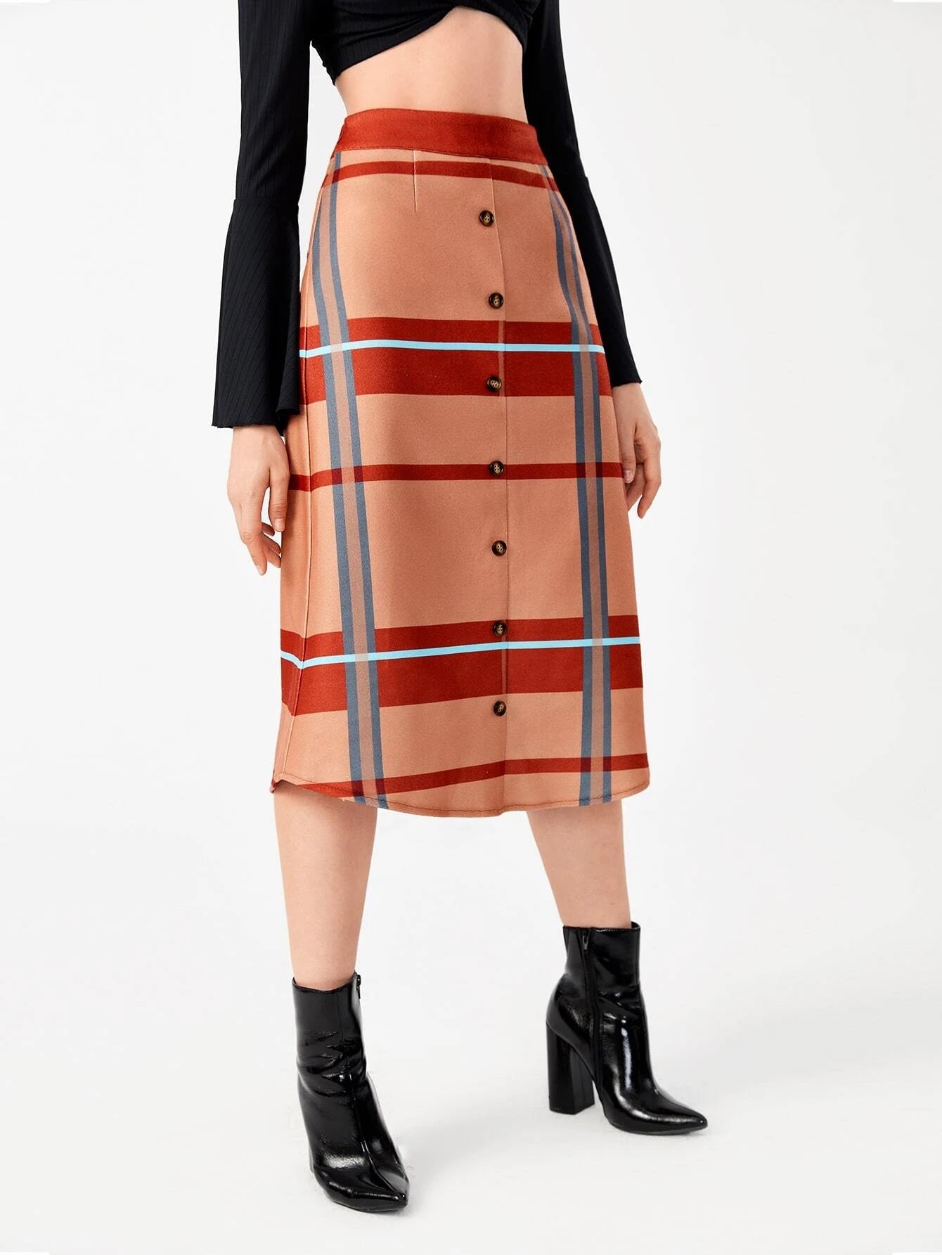 CM-BS778887 Women Casual Seoul Style High Waist Button Front Plaid Skirt