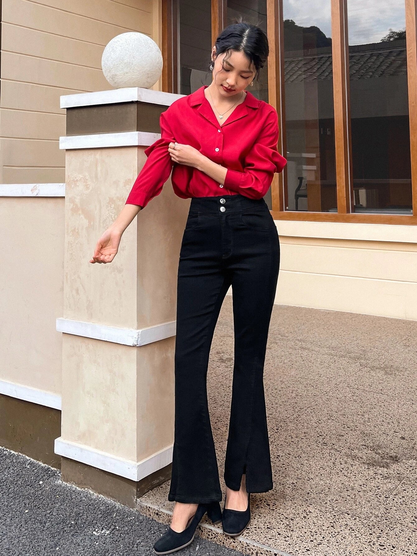 CM-BS187313 Women Casual Seoul Style High Waist Split Hem Flare Leg Jeans - Black