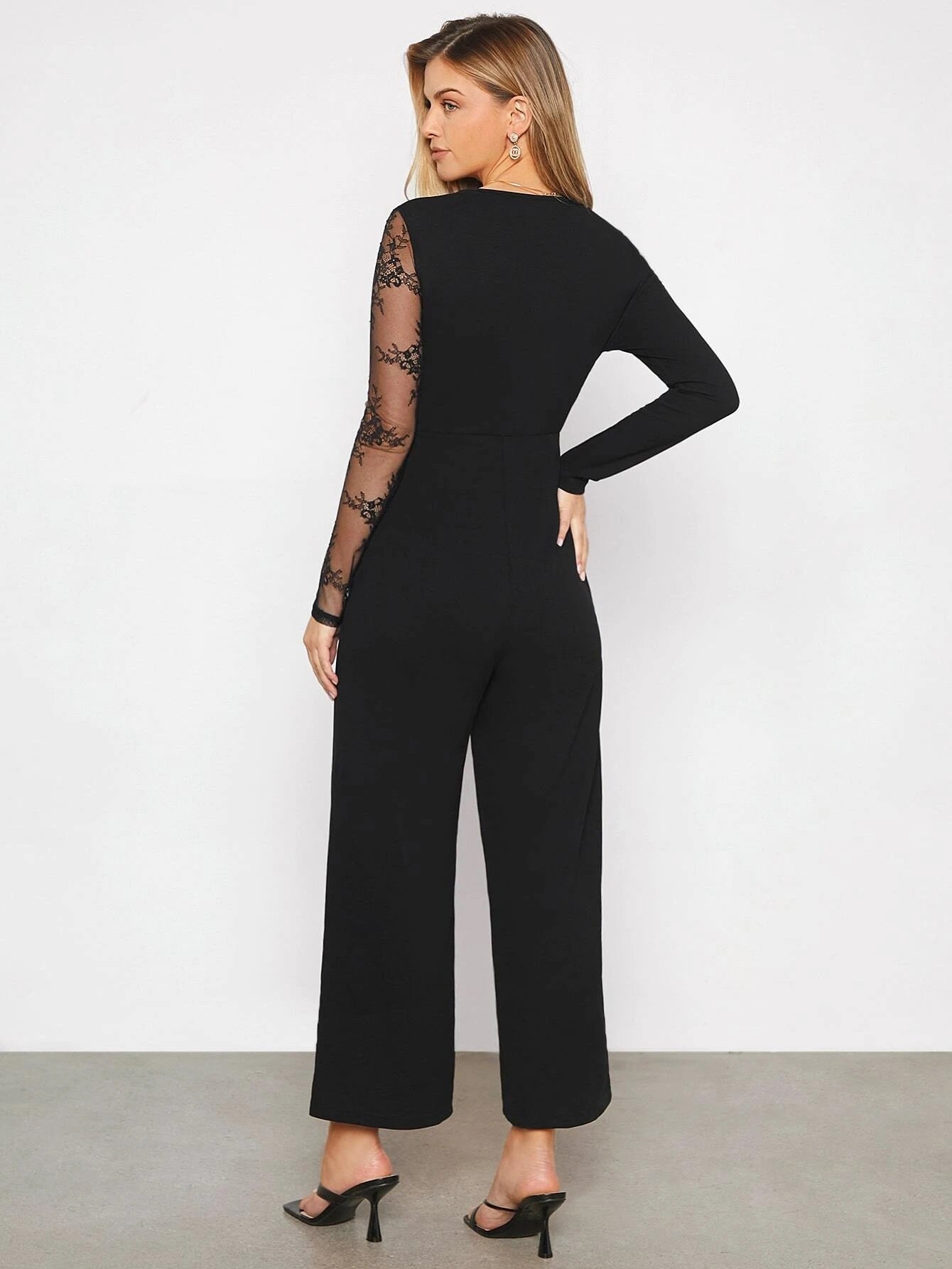 CM-JS932893 Women Elegant Seoul Style Contrast Lace V-Neck Wide Leg Jumpsuit - Black
