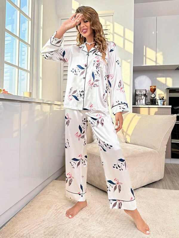 CM-LS415962 Women Trendy Seoul Style Butterfly Print Contrast Piping Satin Shirt With Pants Pajama Set