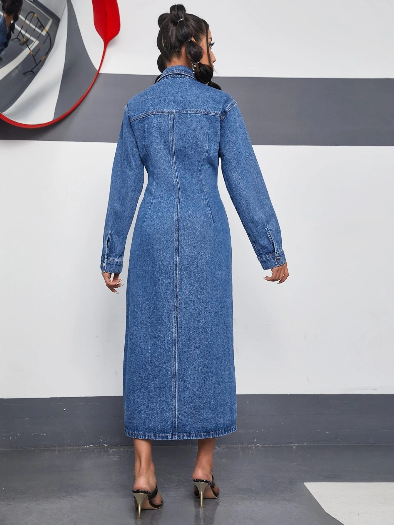 CM-DS932393 Women Preppy Seoul Style Dark Wash Flap Pocket Button Front Denim Dress