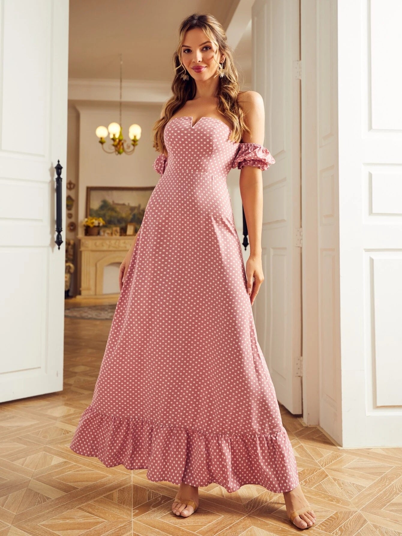 CM-DS075582 Women Trendy Bohemian Style Polka Dot Off Shoulder Ruffle Hem Dress