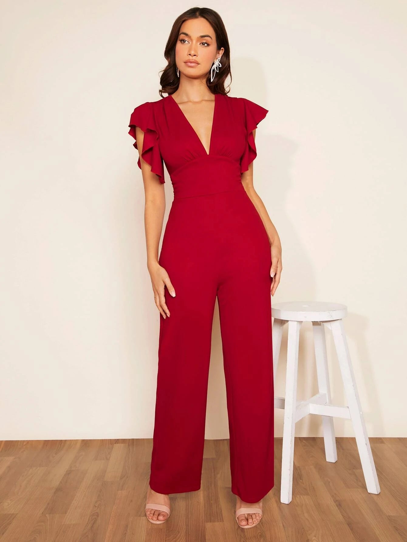CM-JS125440 Women Elegant Seoul Style Plunging Neck Butterfly Sleeve Jumpsuit - Burgundy