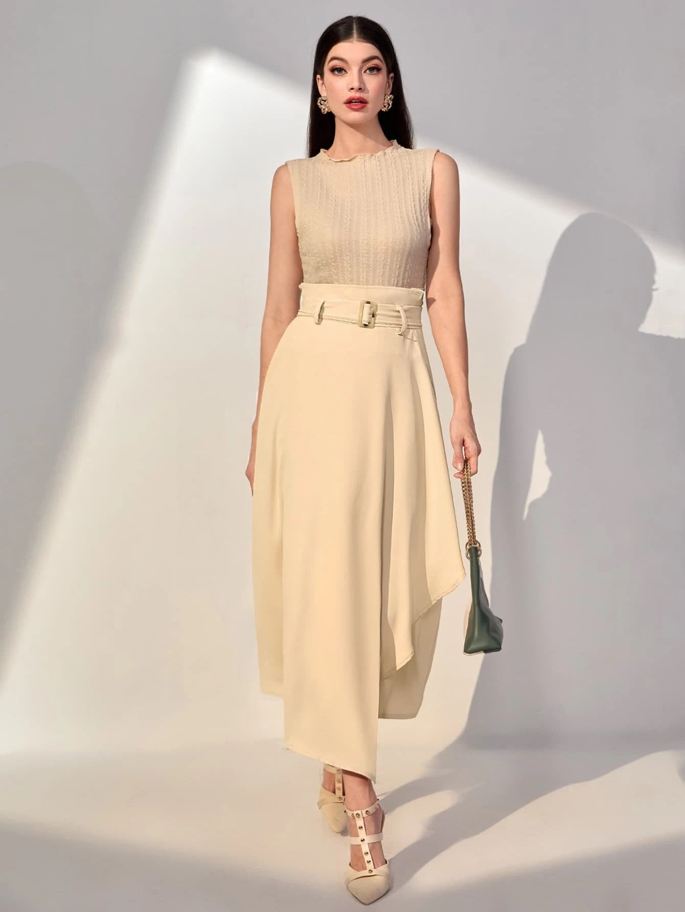 CM-BS308663 Women Elegant Seoul Style High Waist Asymmetrical Hem Buckled Belted Skirt