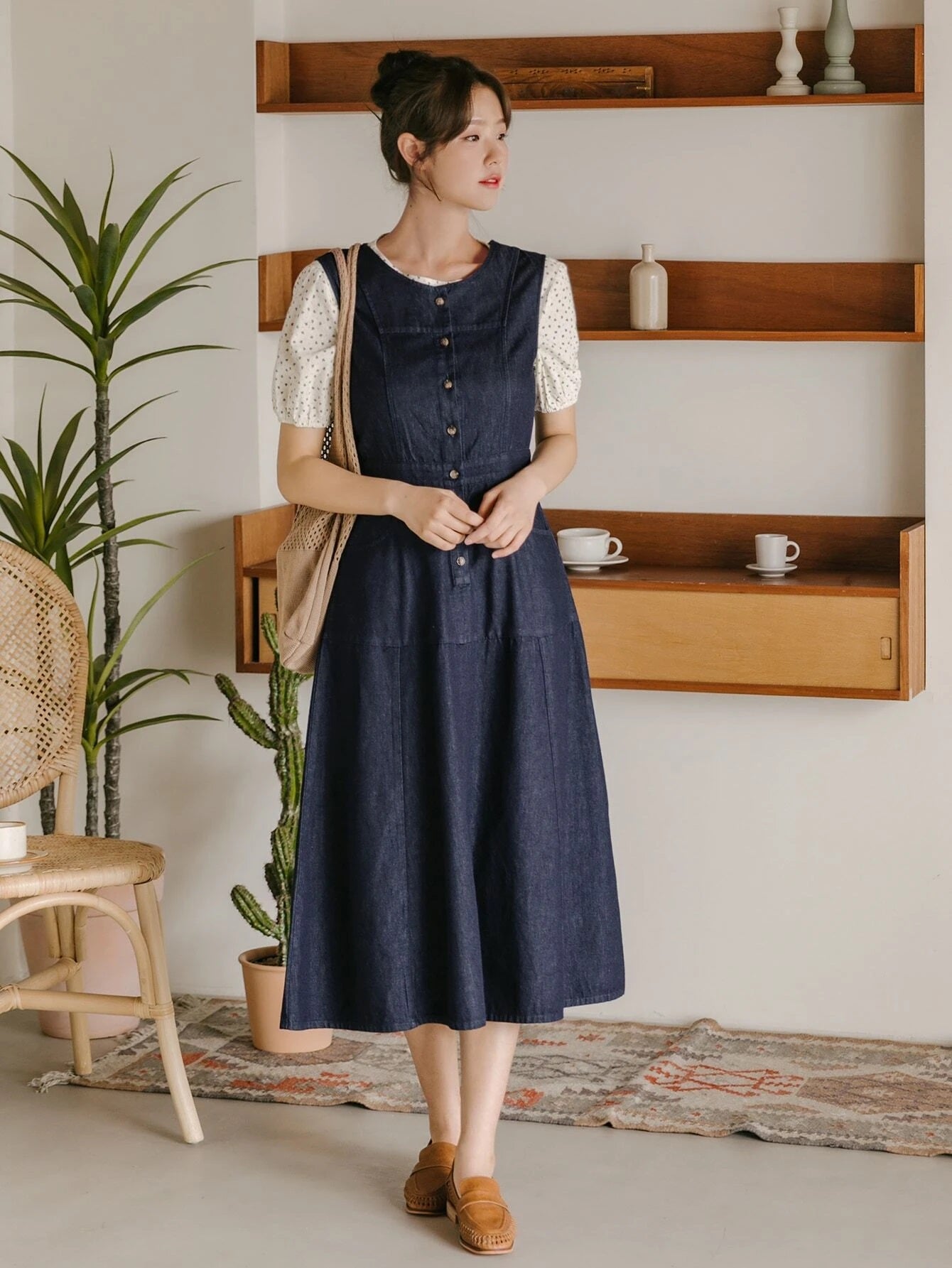 CM-DS916960 Women Casual Seoul Style Sleeveless Solid Button Front Denim Dress
