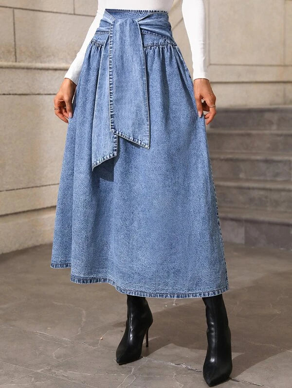 CM-BS742972 Women Casual Seoul Style Light Wash High Waist Tie Front Denim Skirt