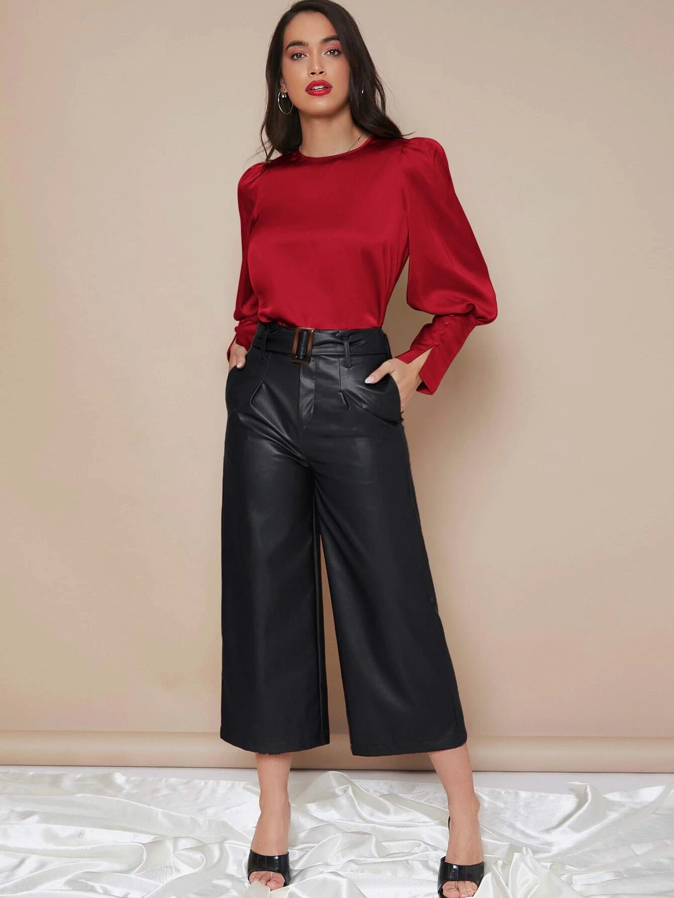 CM-TS811878 Women Elegant Seoul Style Buttoned Cuff Lantern Sleeve Satin Top - Red