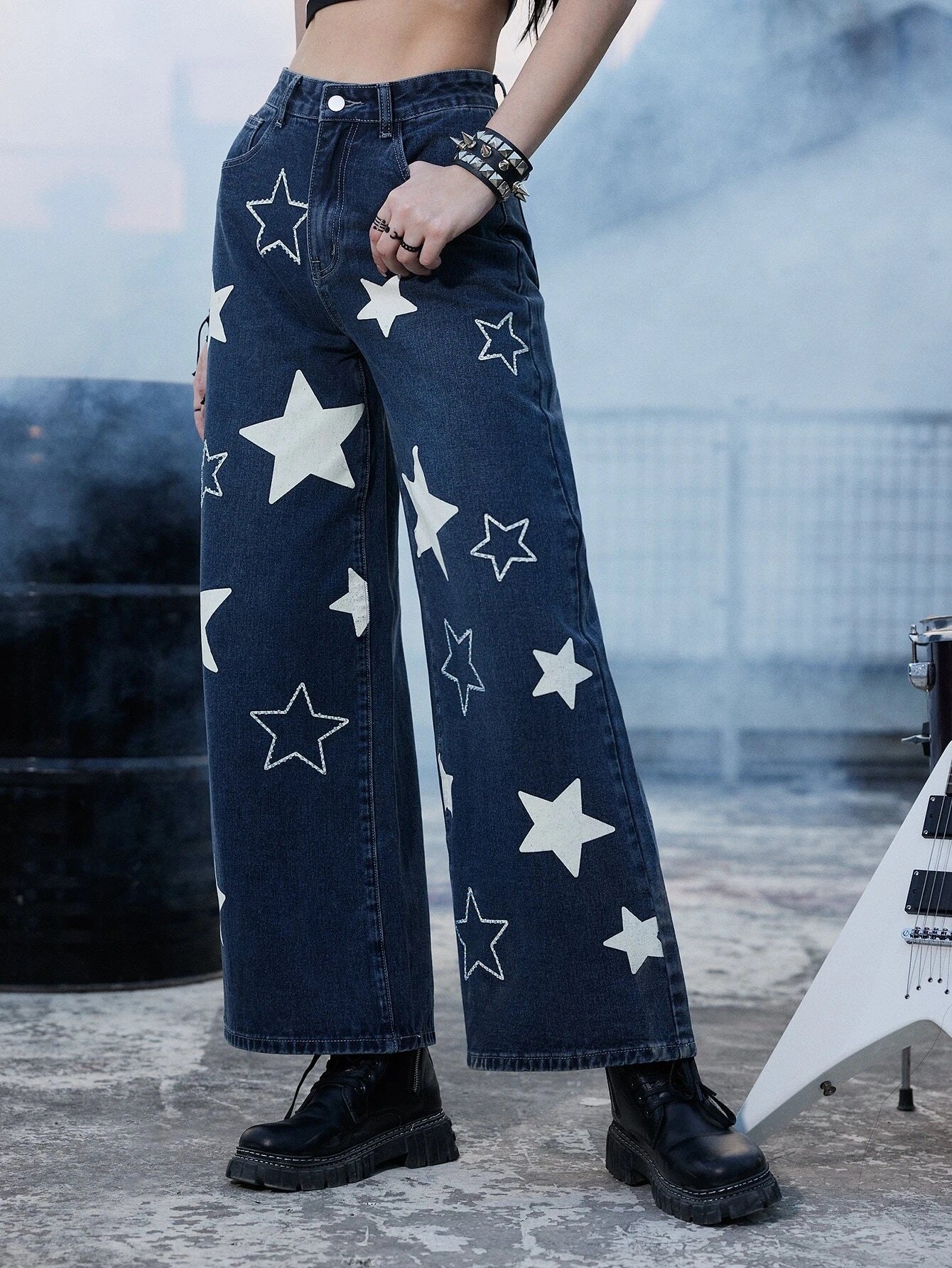 CM-BS555785 Women Preppy Seoul Style Dark Wash Star Print Wide Leg Jeans