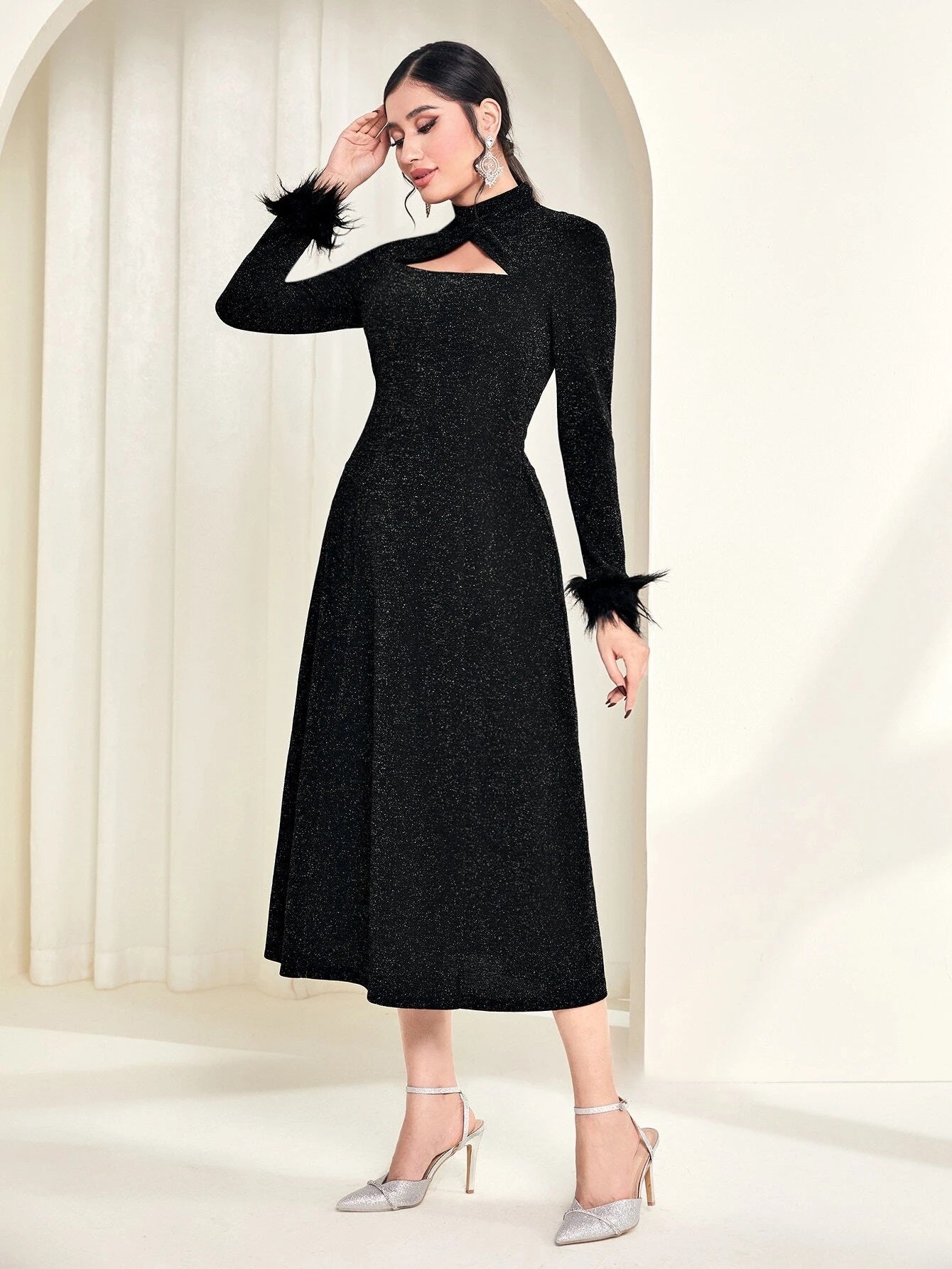 CM-DS825140 Women Elegant Seoul Style Fuzzy Cuff Cut Out Front Glitter Dress - Black
