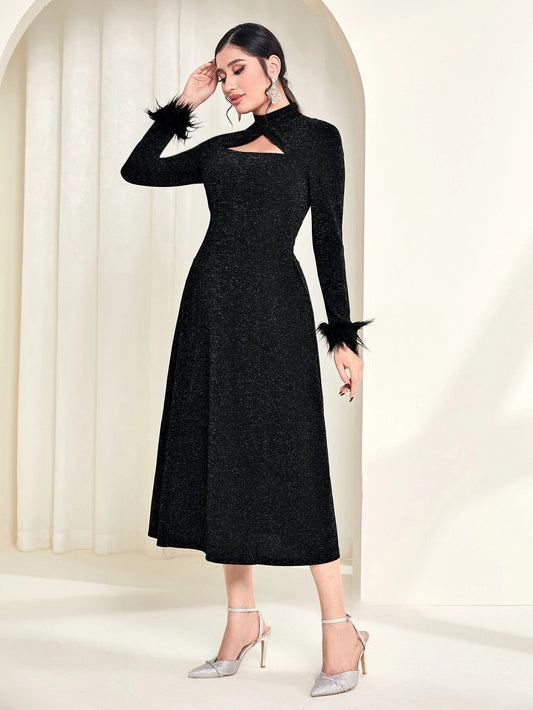 CM-DS825140 Women Elegant Seoul Style Fuzzy Cuff Cut Out Front Glitter Dress - Black