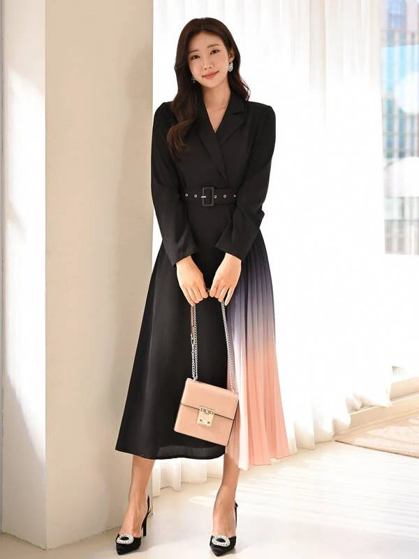 CM-DS181110 Women Elegant Seoul Style Colorblock Lapel Collar Pleated Hem Belted Dress