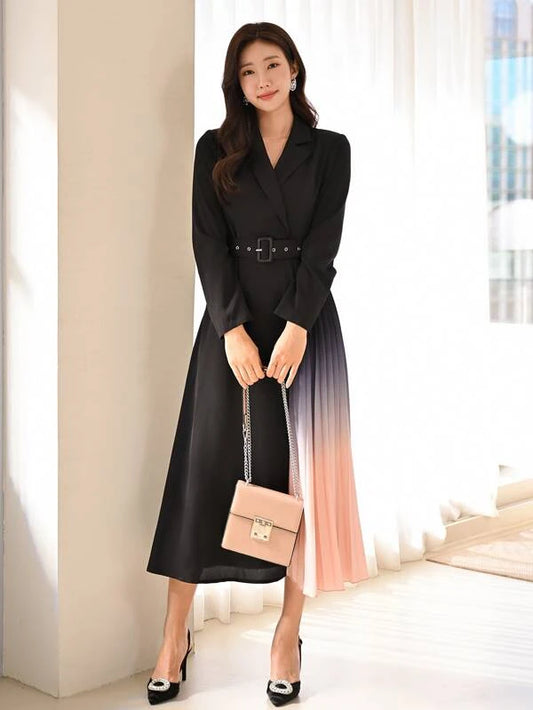 CM-DS181110 Women Elegant Seoul Style Colorblock Lapel Collar Pleated Hem Belted Dress