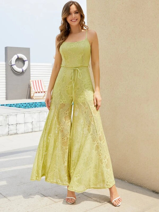 CM-JS696691 Women Trendy Bohemian Style Wide Leg Belted Lace Cami Jumpsuit - Lime Green