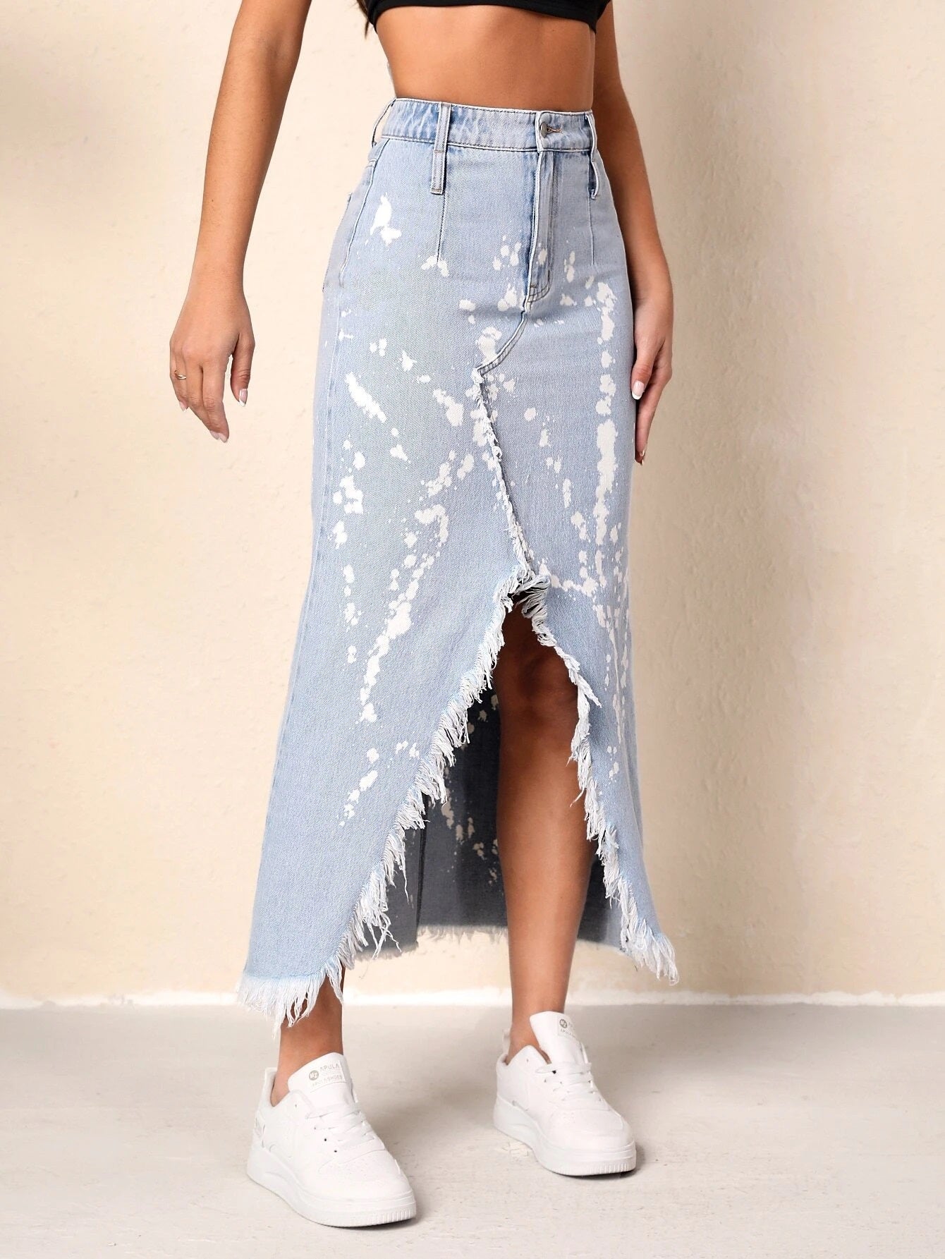 CM-BS685694 Women Preppy Seoul Style Graphic Print Raw Trim Asymmetrical Hem Denim Skirt