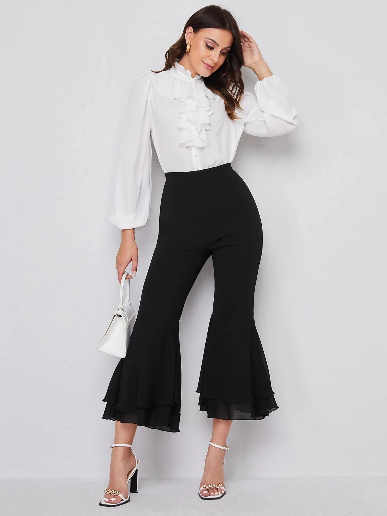 CM-BS518718 Women Elegant Seoul Style Elastic Waist Flare Leg Crop Pants - Black