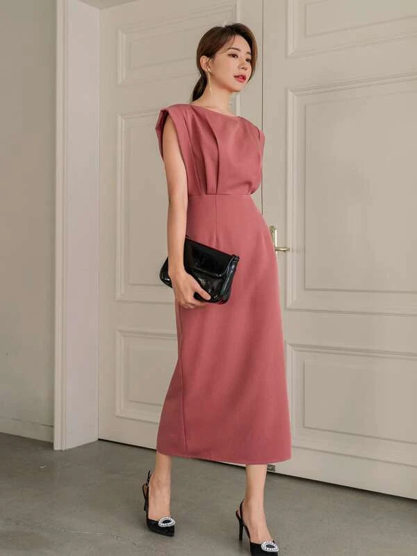 CM-DS061110 Women Elegant Seoul Style Sleeveless Zip Back Slit Hem Dress - Rusty Rose