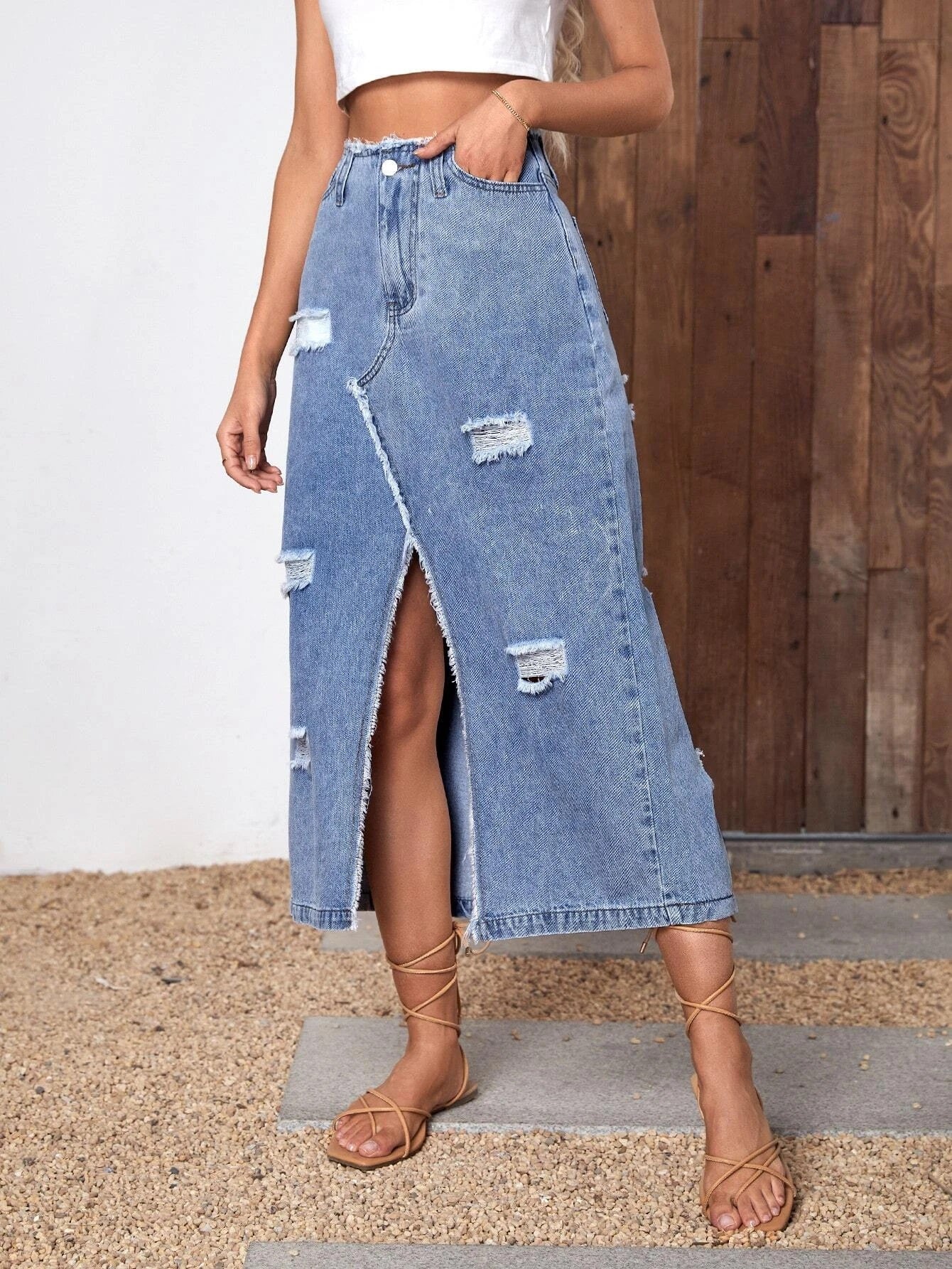CM-BS910312 Women Casual Seoul Style High Waist Ripped Split Thigh Denim Skirt