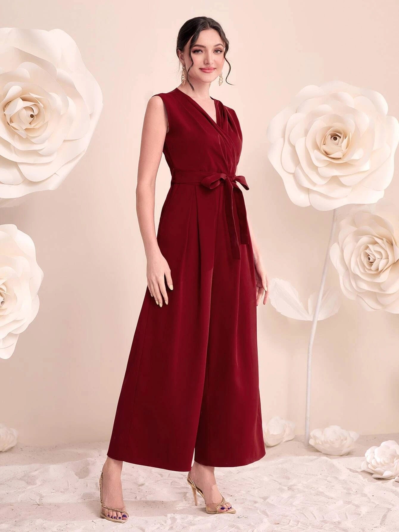 CM-JS300010 Women Elegant Seoul Style Surplice Neck Belted Wide Leg Jumpsuit - Burgundy