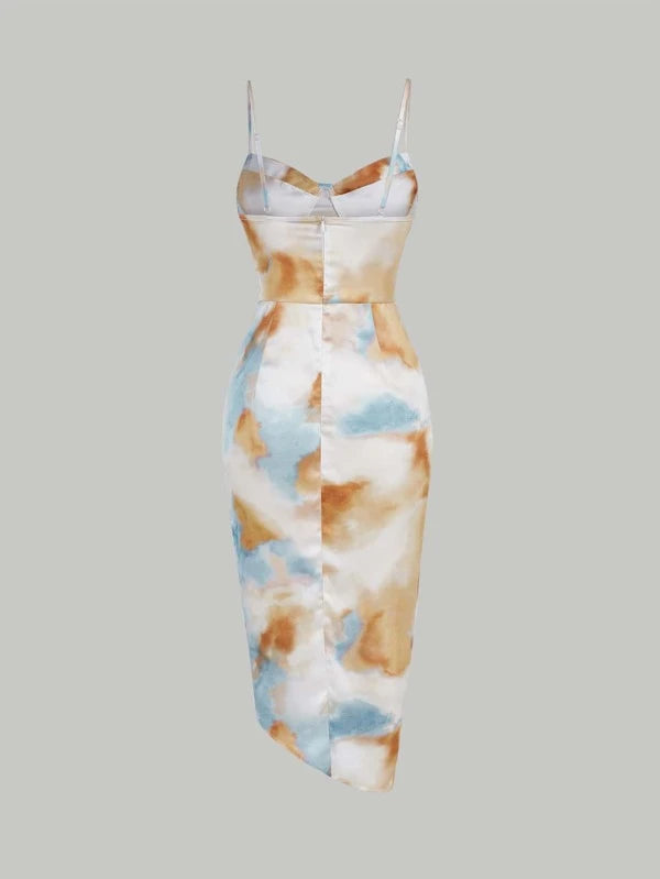 CM-DS528742 Women Elegant Seoul Style Tie Dye Ruched Asymmetrical Hem Bustier Cami Dress