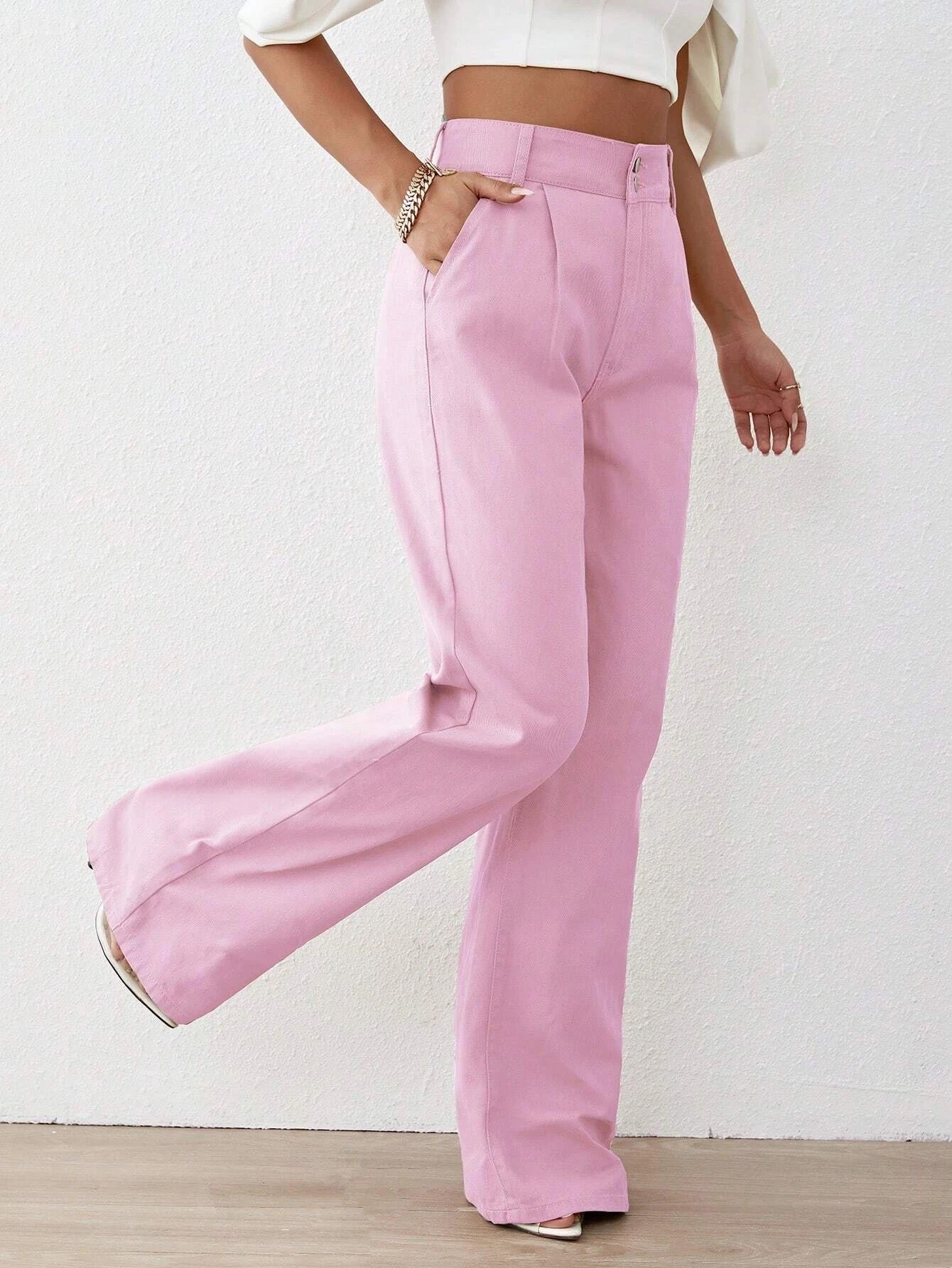 CM-BS191594 Women Preppy Seoul Style Solid High Waist Wide Leg Jeans - Pink