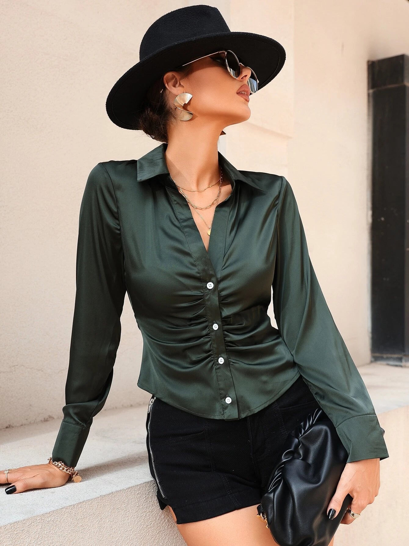 CM-TS434225 Women Elegant Seoul Style Ruched Single Breasted Long Sleeve Shirt - Dark Green