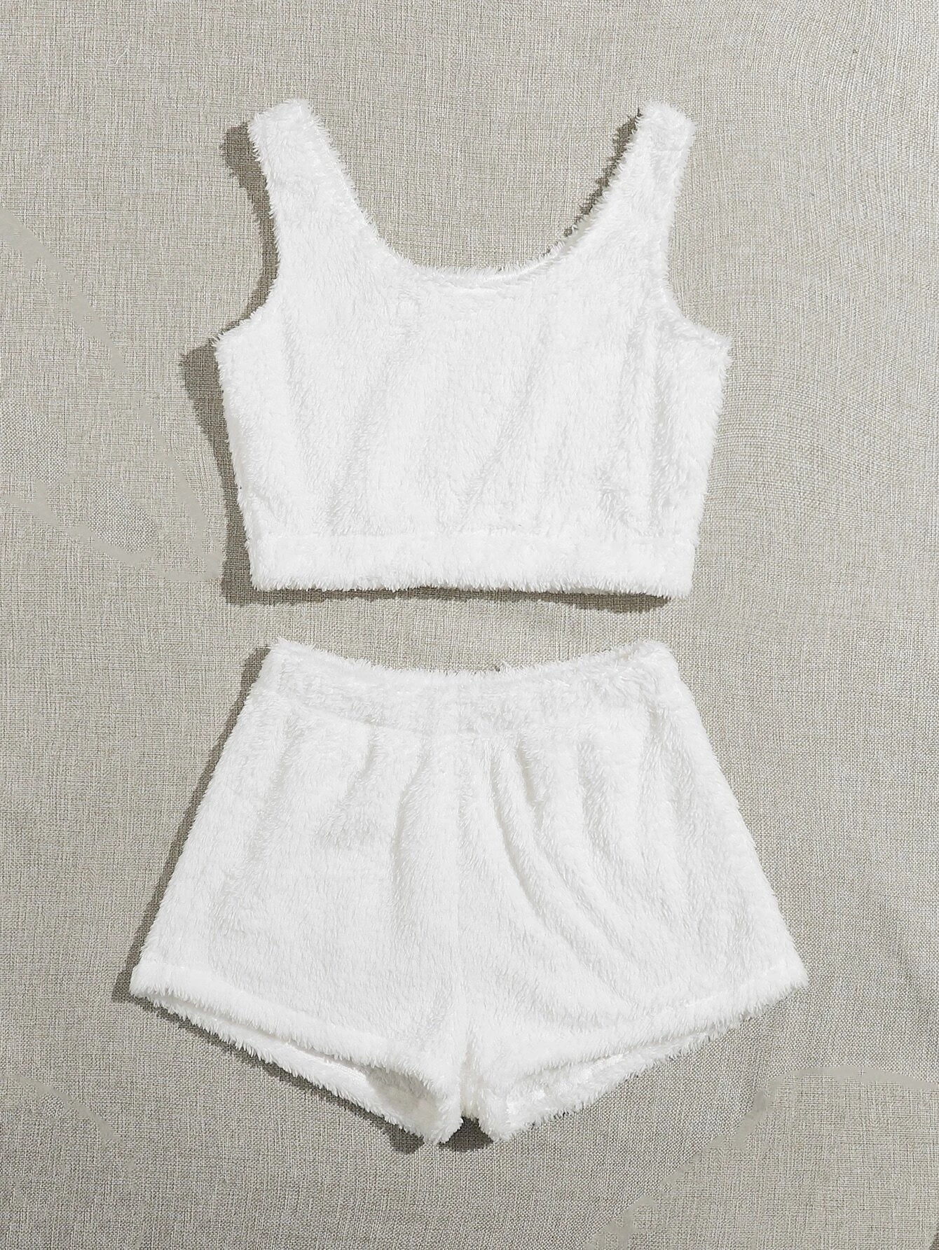 CM-LS824874 Women Trendy Seoul Style Plush Tank Top With Shorts Teddy Lounge Set - White