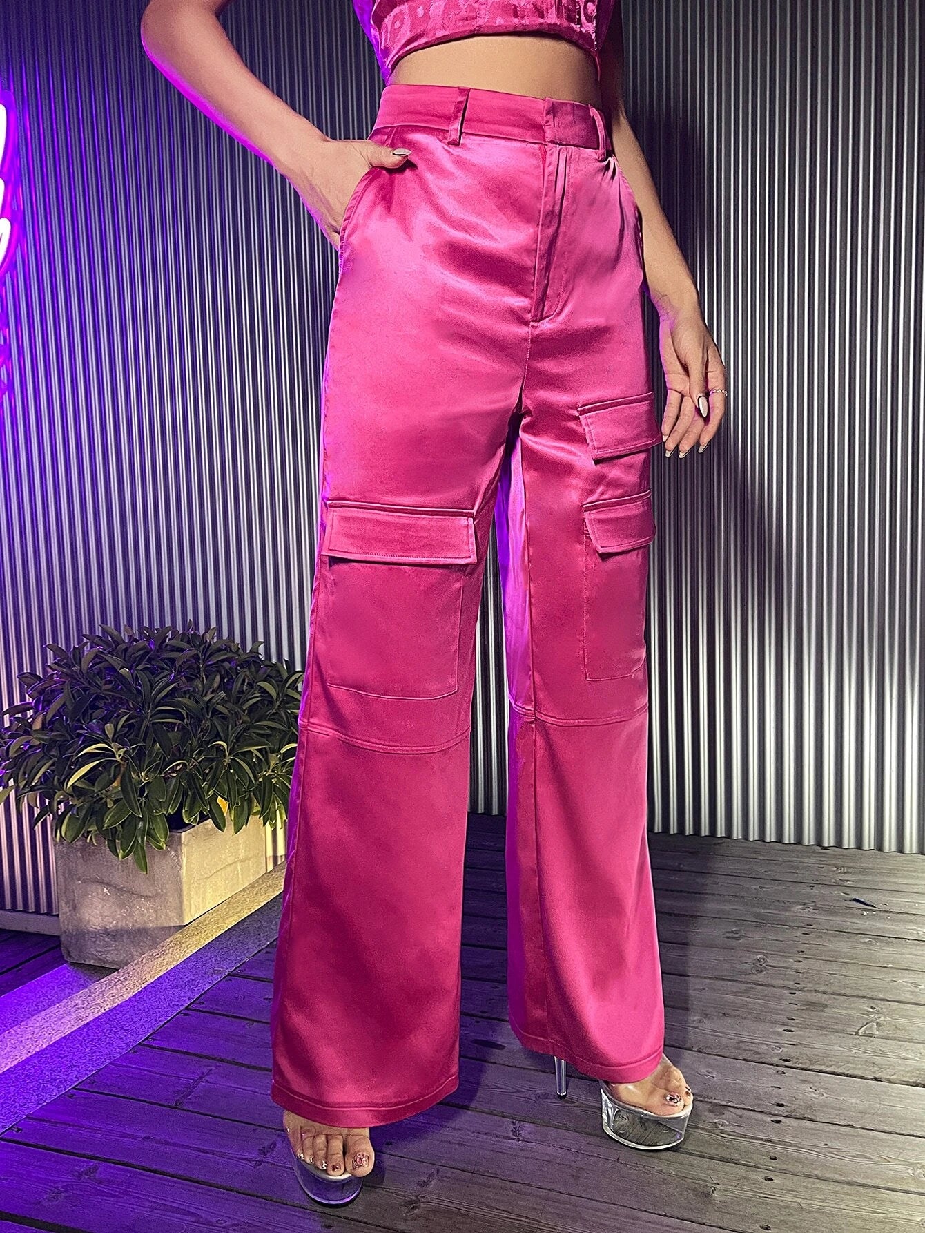 CM-BS754074 Women Elegant Seoul Style Flap Pocket Belted Satin Wide Leg Pants - Pink