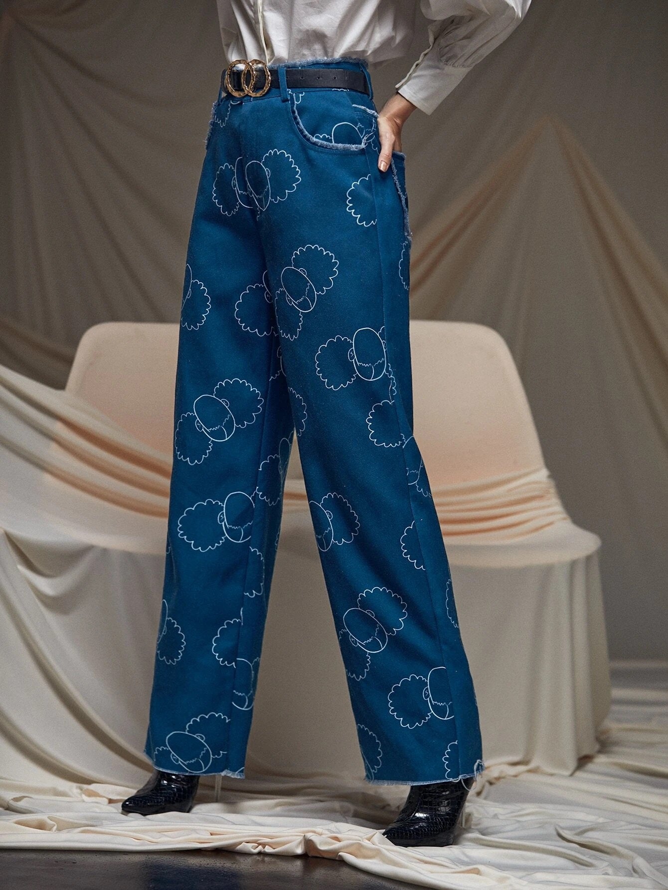 CM-BS947340 Women Casual Seoul Style Graphic Print Raw Hem Wide Leg Pants - Blue