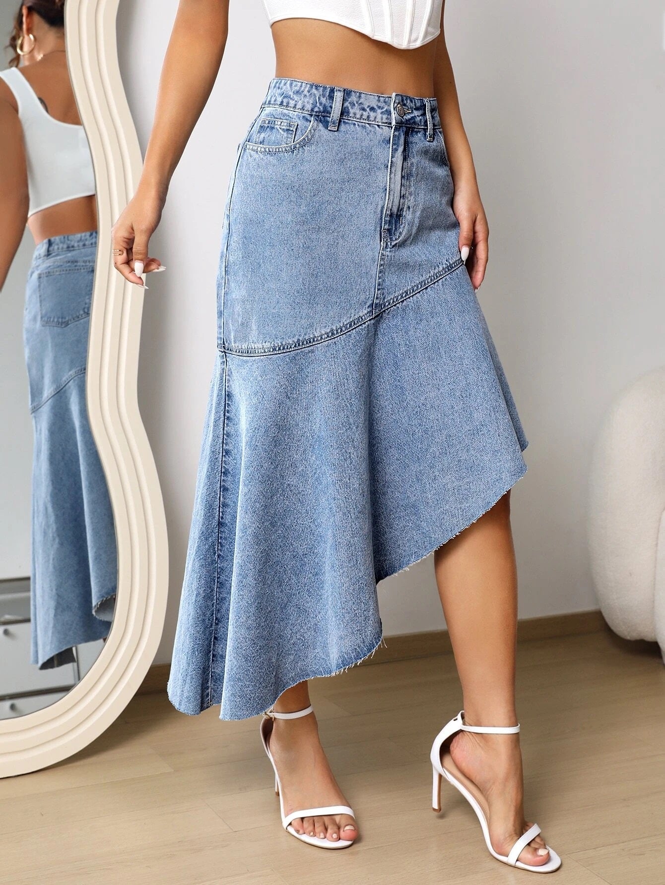CM-BS433511 Women Preppy Seoul Style High Waist Asymmetrical Raw Hem Denim Skirt