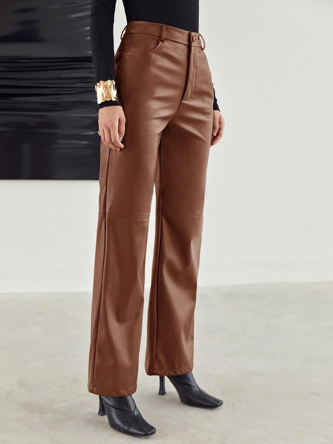 CM-BS208128 Women Elegant Seoul Style Zipper Fly Palazzo PU Pants - Brown