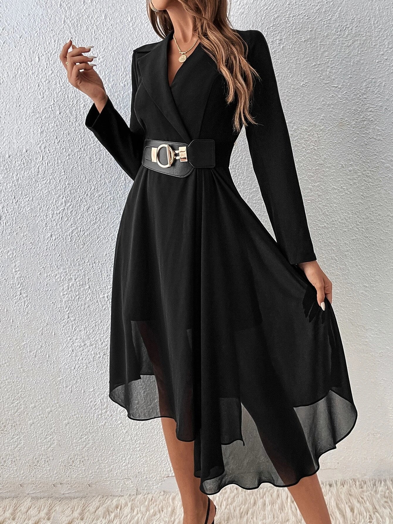 CM-DS338512 Women Elegant Seoul Style Lapel Neck Wrap Detail High Low Hem Belted Dress