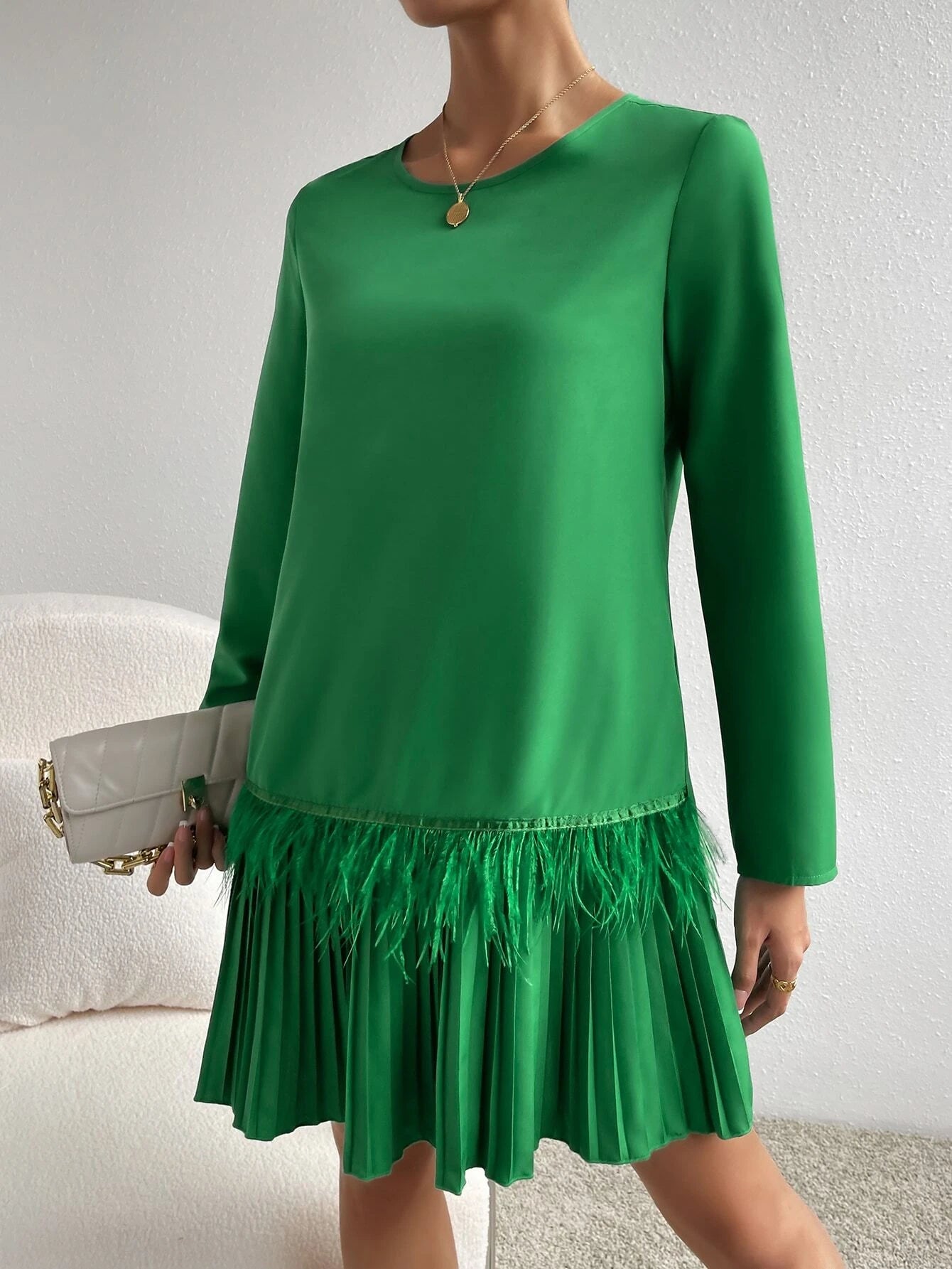 CM-DS477927 Women Casual Seoul Style Contrast Fuzzy Trim Pleated Hem Dress - Green