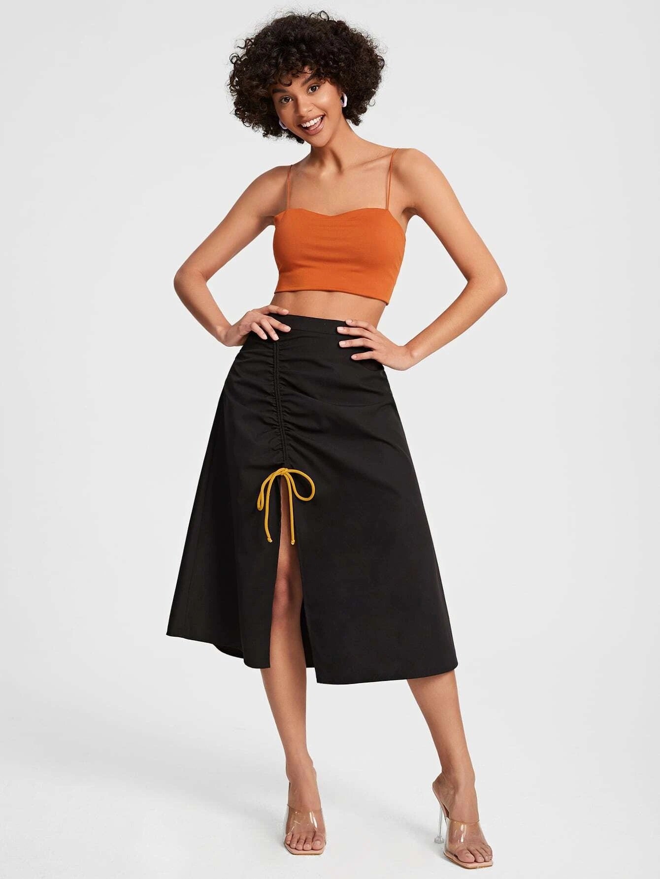 CM-BS077585 Women Casual Seoul Style Drawstring Front Split Thigh Skirt - Black